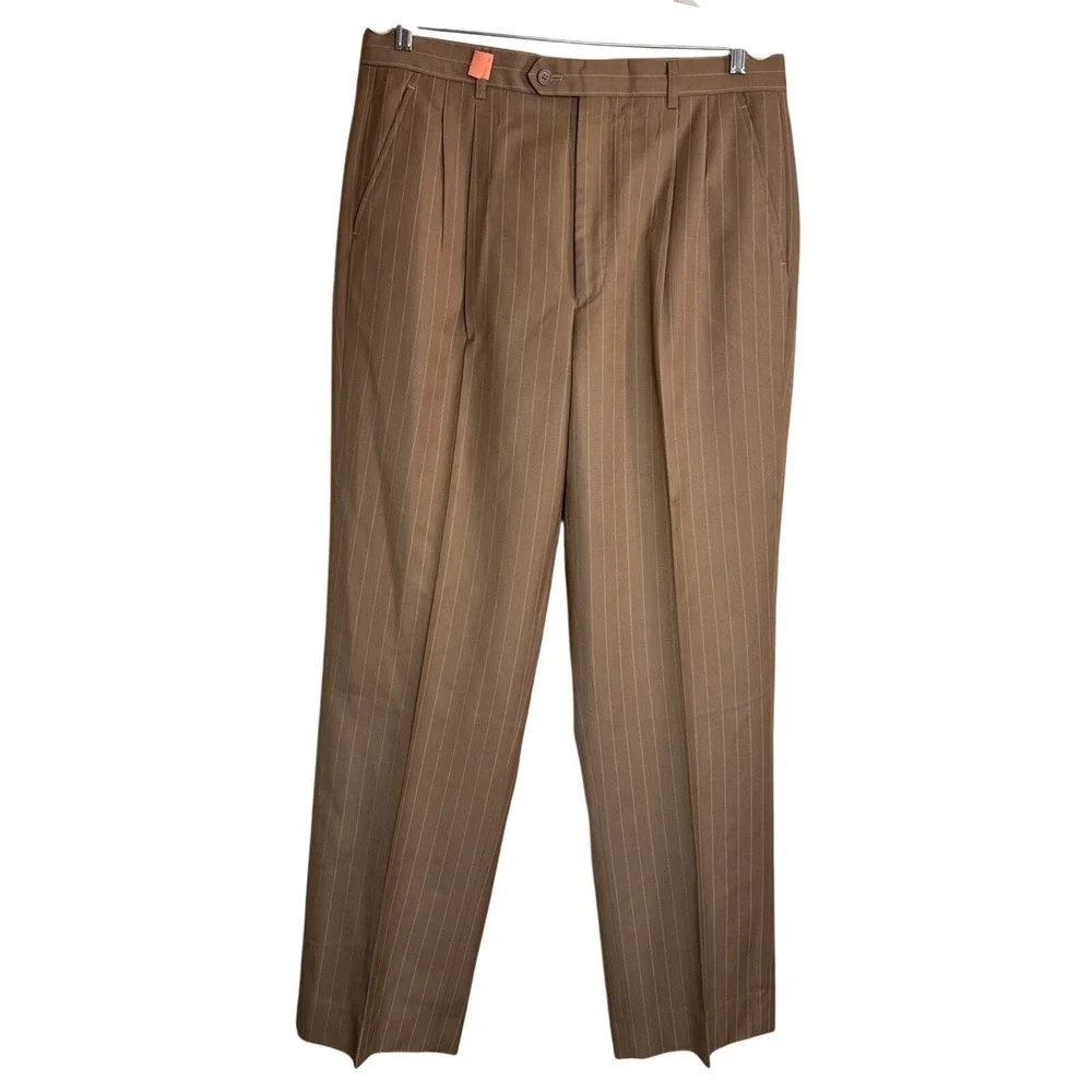 Jason Evans Mens 42L Pinstripe Suit 2 Piece Tan Brown 36L‎ Pants 4 Button Blazer